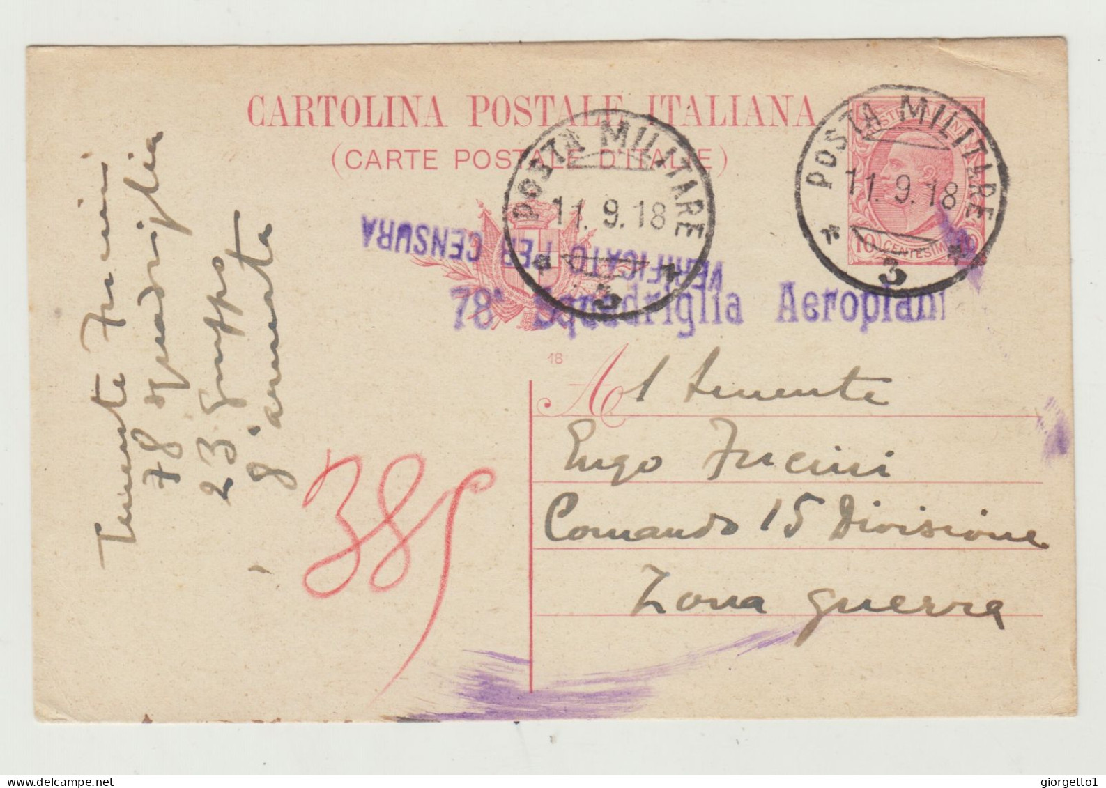 INTERO POSTALE - POSTA MILITARE 3 DEL 1918 VERSO ZONA DI GUERRA - ANNULLO 78 SQUADRIGLIA AEROPLANI CON CENSURA WW1 - Stamped Stationery