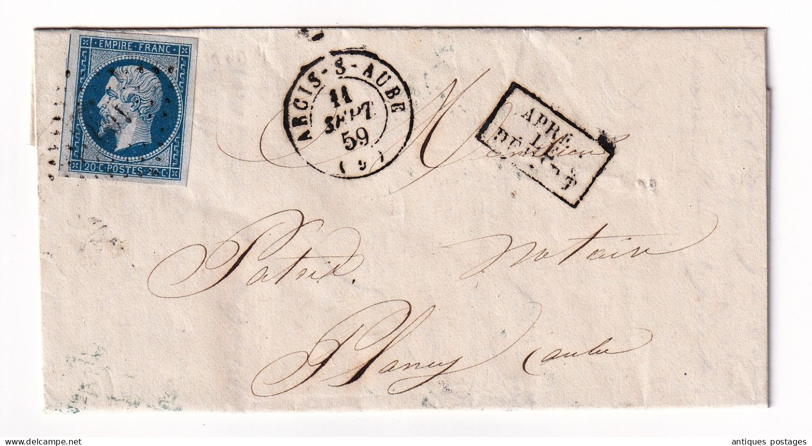 Lettre 1859 Arcis Sur Aube Pour Plancy L'Abbaye Napoléon III 20 Centimes Non Dentelé 4 Belles Marges - 1853-1860 Napoléon III.