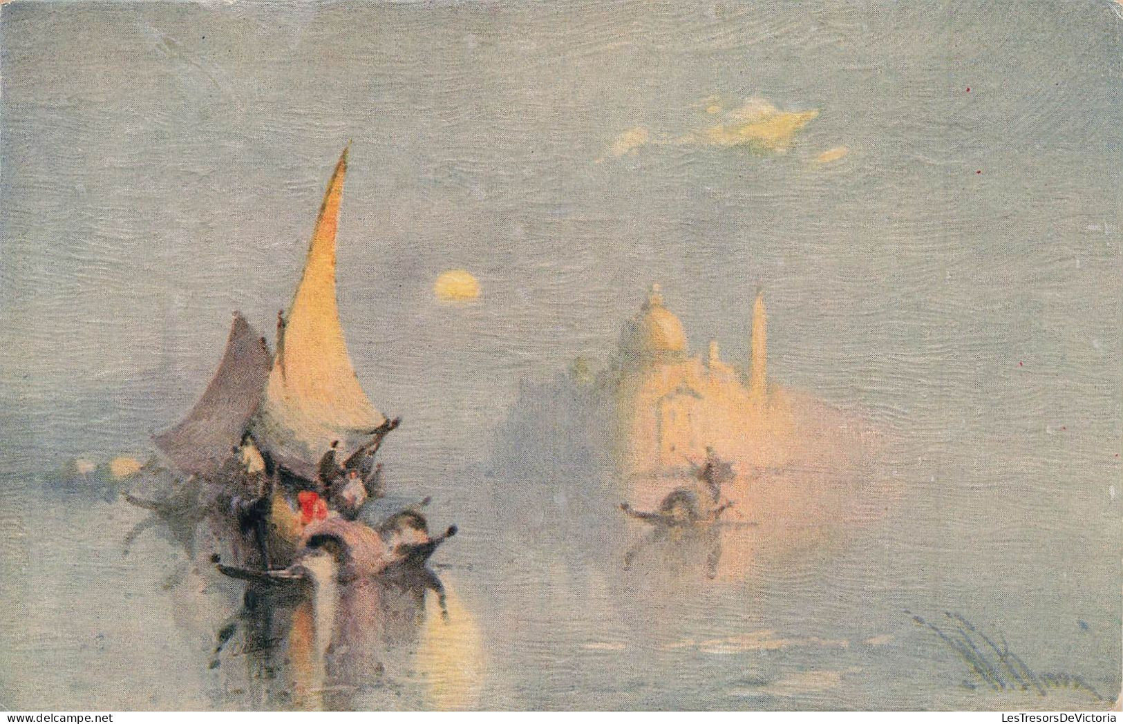 ARTS - Peintures Et Tableaux - Une Barque Approchant De La Ville - Carte Postale Ancienne - Malerei & Gemälde