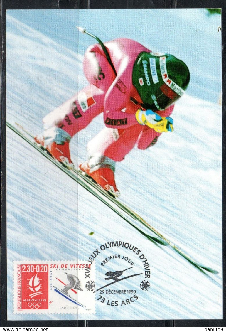 FRANCE FRANCIA 1990 OLYMPIC GAMES JEUX OLYMPIQUES ALBERTVILLE SKI DE VITESSE SPEED 2.30fr+20c MAXI MAXIMUM CARD CARTE - 1990-1999