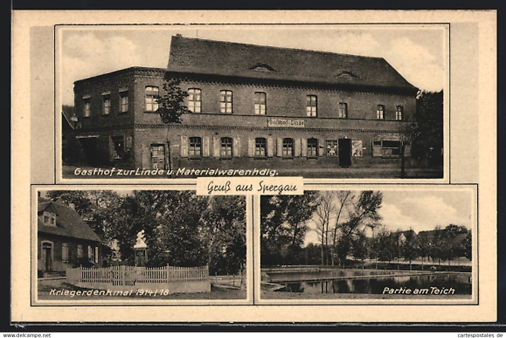 AK Spergau, Gasthof Zur Linde Und Materialwarenhandlung, Kriegerdenkmal 1914-18, Partie Am Teich  - Andere & Zonder Classificatie
