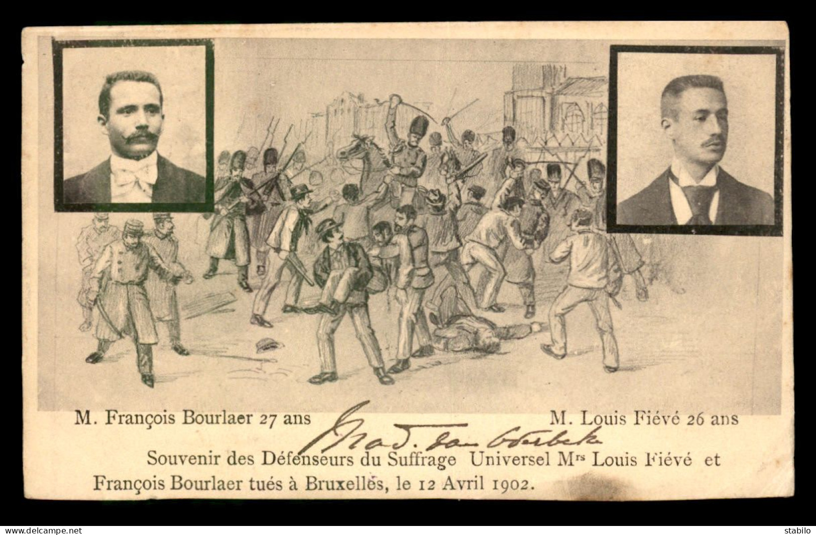 BELGIQUE - BRUXELLES - SOUVENIR DES DEFENSEURS DU SUFFRAGE UNIVERSEL, L. FIEVE ET FRANCOIS BOURLAER TUES LE 12/04/1902 - Personnages Célèbres