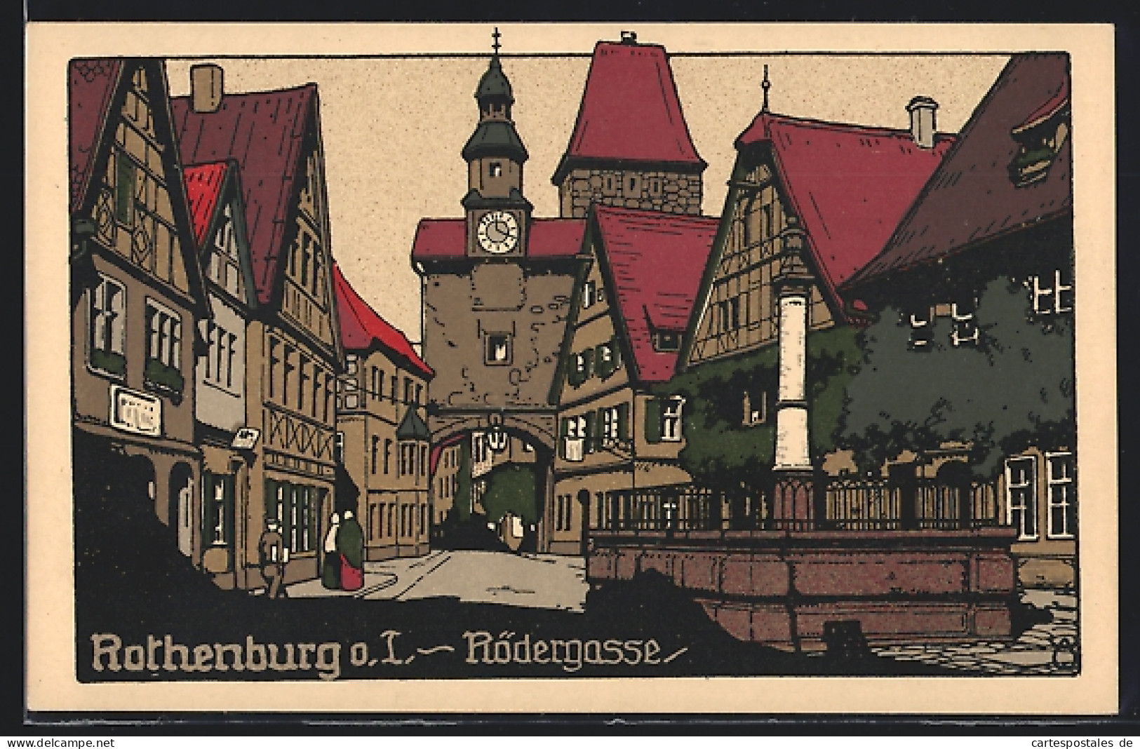 Steindruck-AK Rothenburg O. T., Strasse Rödergasse Am Tor Mit Brunnen  - Other & Unclassified
