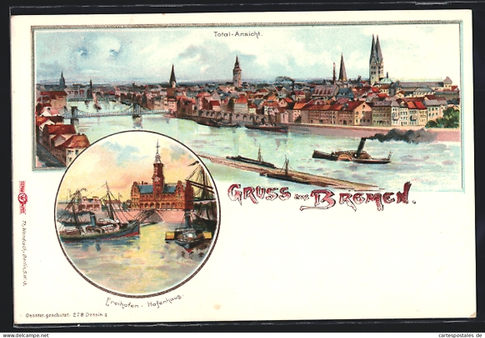 Lithographie Bremen, Hafenhaus Am Freihafen, Gesamtansicht  - Bremen