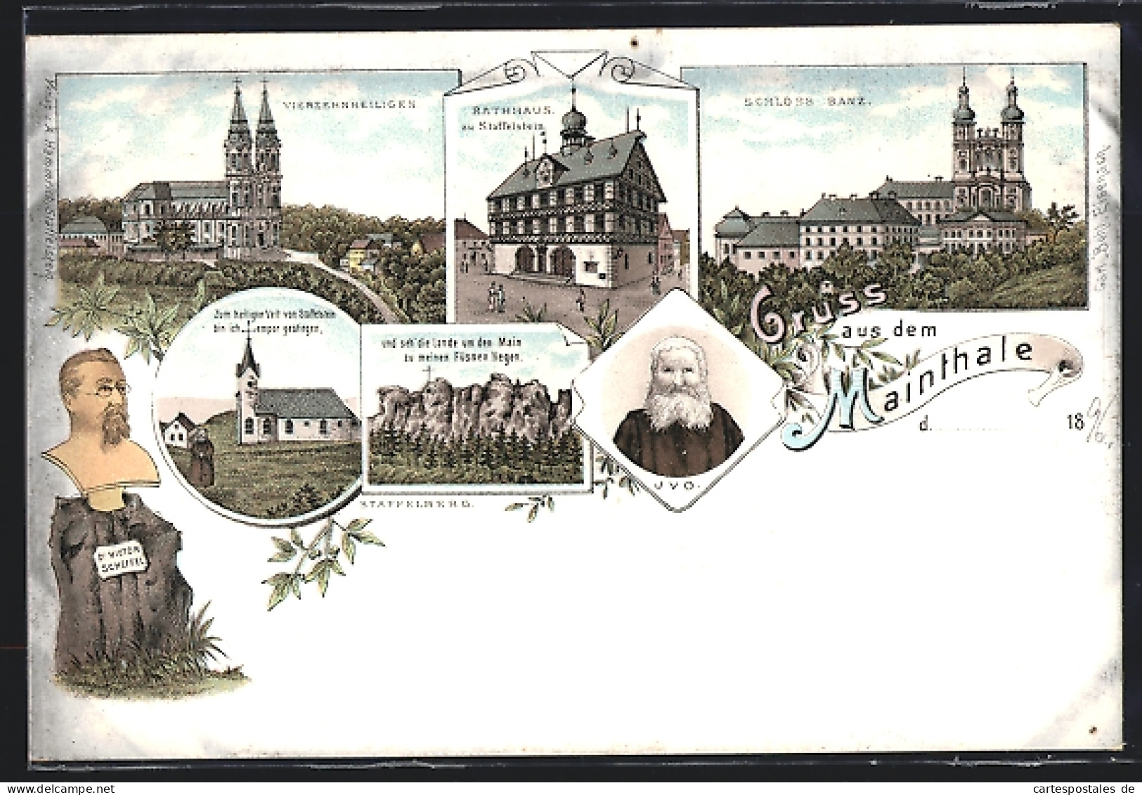Lithographie Staffelstein, Rathaus, Vierzehnheiligen, Schloss Banz  - Staffelstein