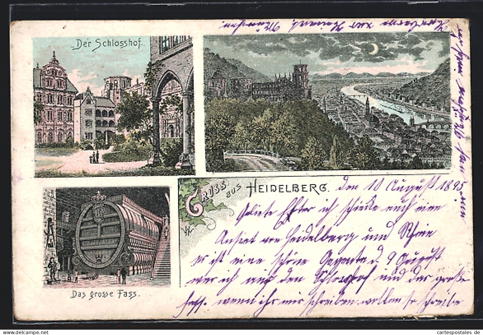 Vorläufer-Lithographie Heidelberg, Schlosshof, Das Grosse Fass  - Heidelberg