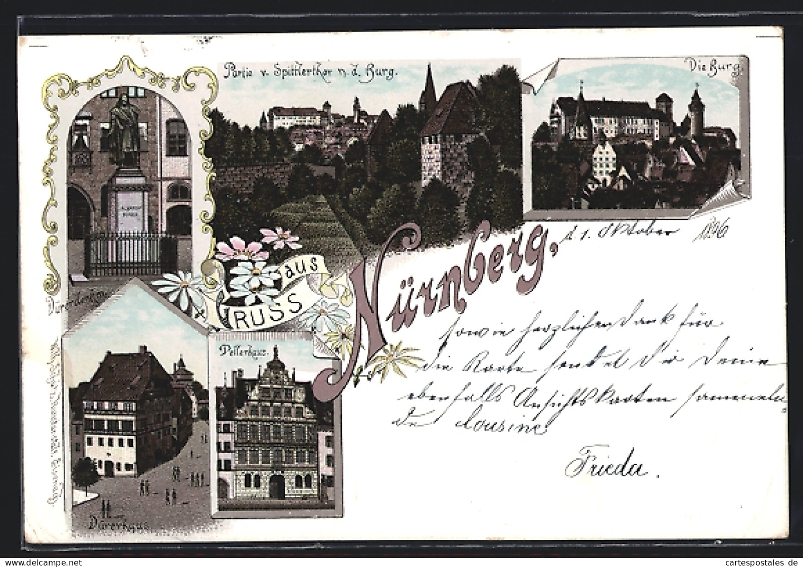 Lithographie Nürnberg, Dürerdenkmal, Dürerhaus, Die Burg  - Nuernberg