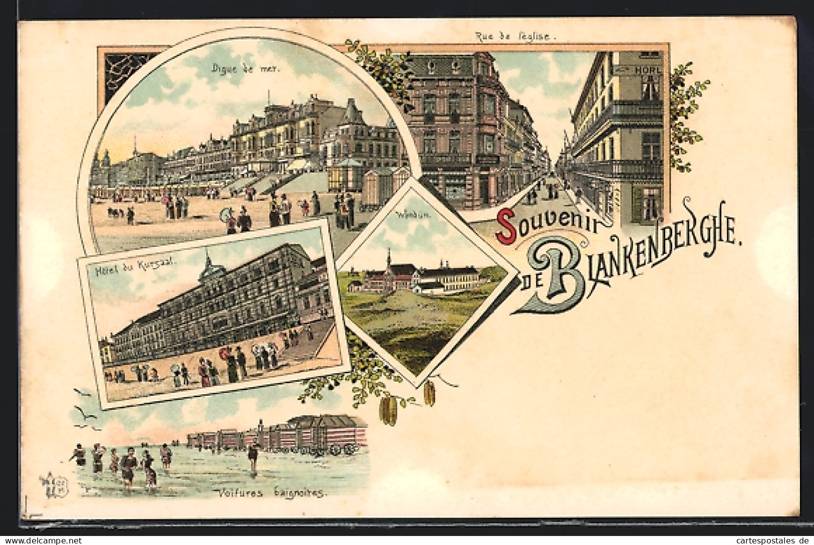 Lithographie Blankenberghe, Digue De Mer, Rue De L`Eglise, Hotel Du Kursaal  - Autres & Non Classés
