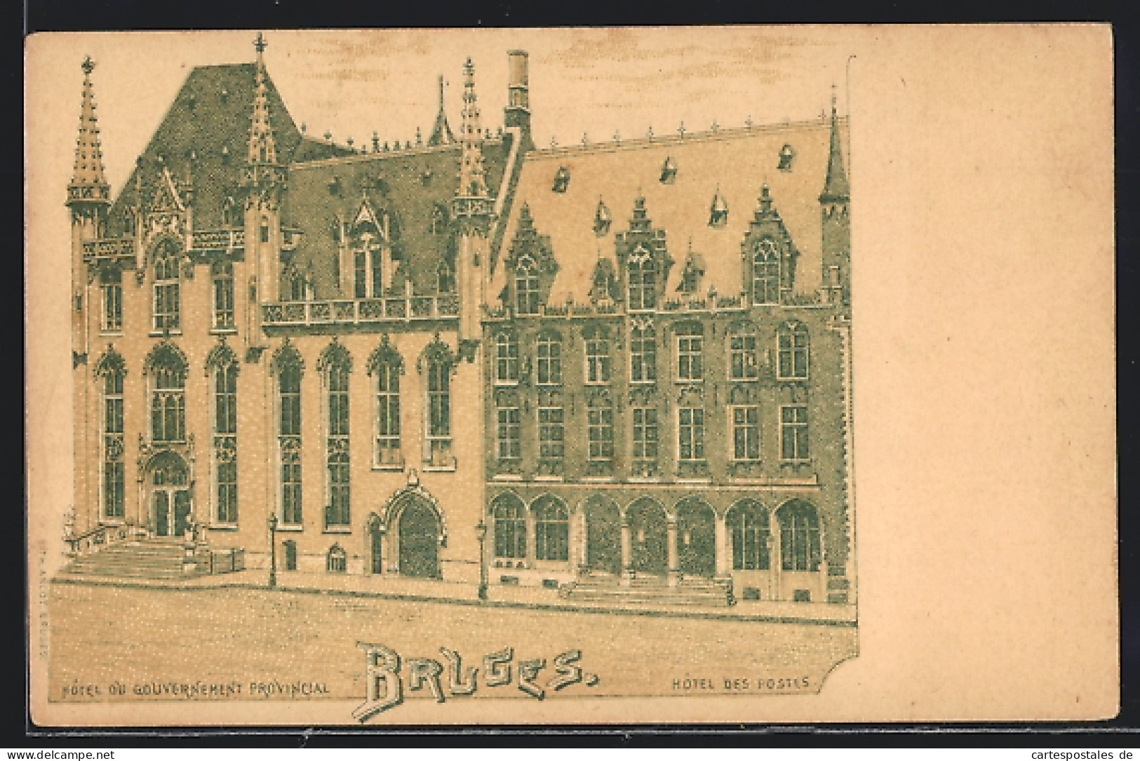 Lithographie Bruges, Hôtel Du Gouvernement Provincial & Hôtel Des Postes  - Sonstige & Ohne Zuordnung