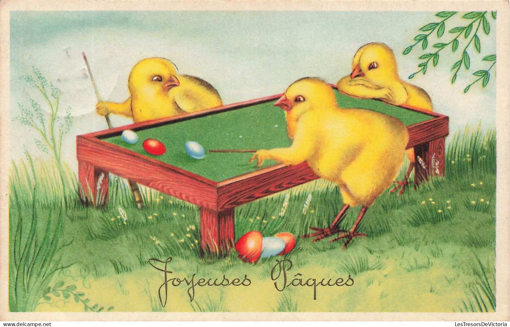 FETES - VOEUX - Joyeuses Pâques - Poussins Jouant Au Billard Avec Des œufs - Colorisé - Carte Postale Ancienne - Easter