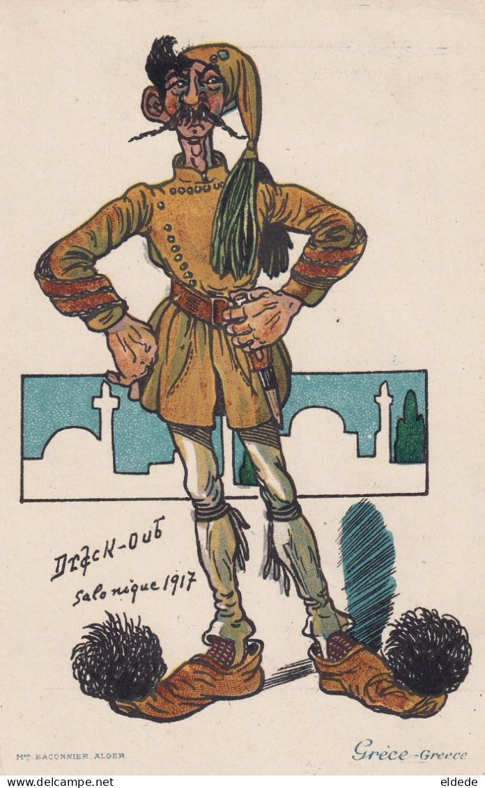 Satirical Drawing By André Bouchard Nickname Drack Oub Salonica 1917 Greek Soldier Baconnier Algiers Mouchotte Medecin - Satiriques