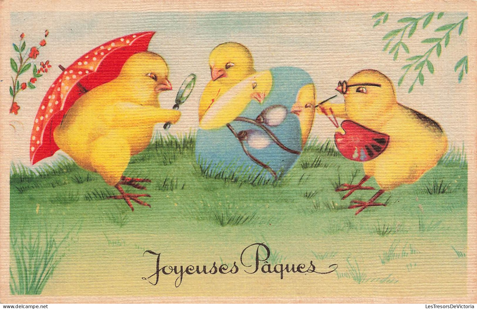 FETES - VOEUX - Joyeuses Pâques - Poussins Peignant Un œuf - Colorisé - Carte Postale Ancienne - Pasen