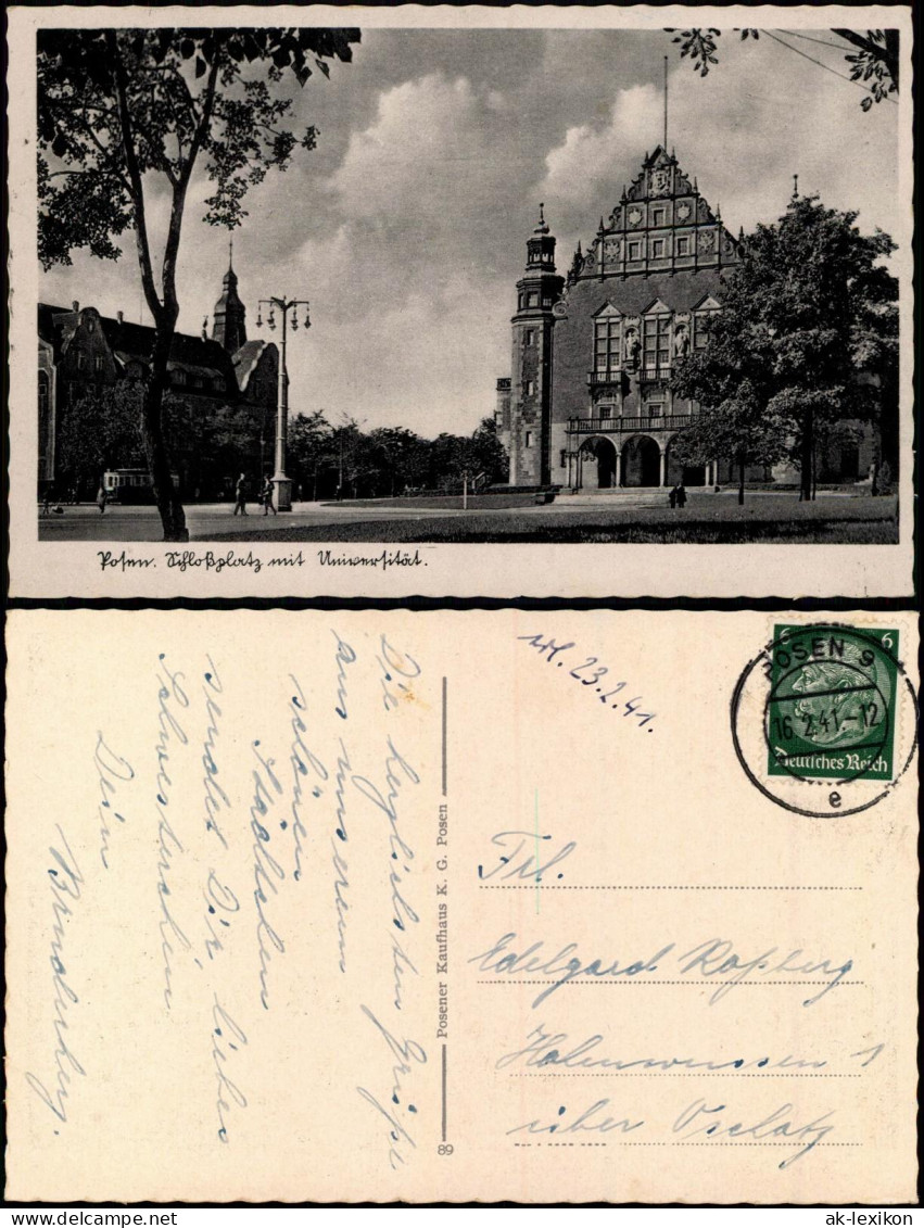 Postcard Posen Poznań Schloßplatz Mit Universität. 1941  Gel. Stempel Posen 9 - Pologne