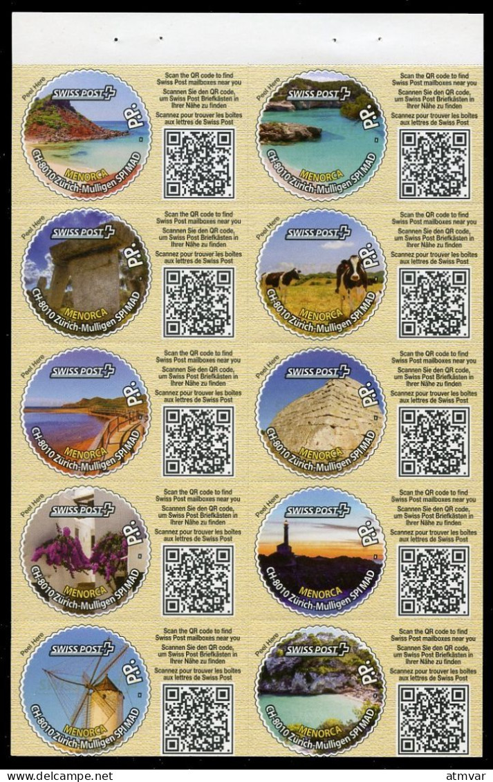 SWISS POST (2019) Menorca - CH-8010 Zürich-Mulingen SPI MAD P.P. - Mint Sheet 10 Stamps For Tourist Mail - Spain - Autres & Non Classés