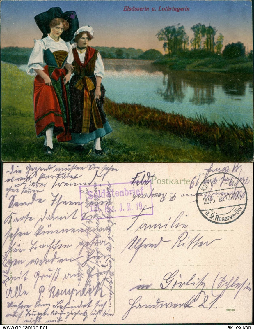 Ansichtskarte  Elsässerin Lothringerin Typen Ak Trachten 1916 Feldpoststempel - Costumes