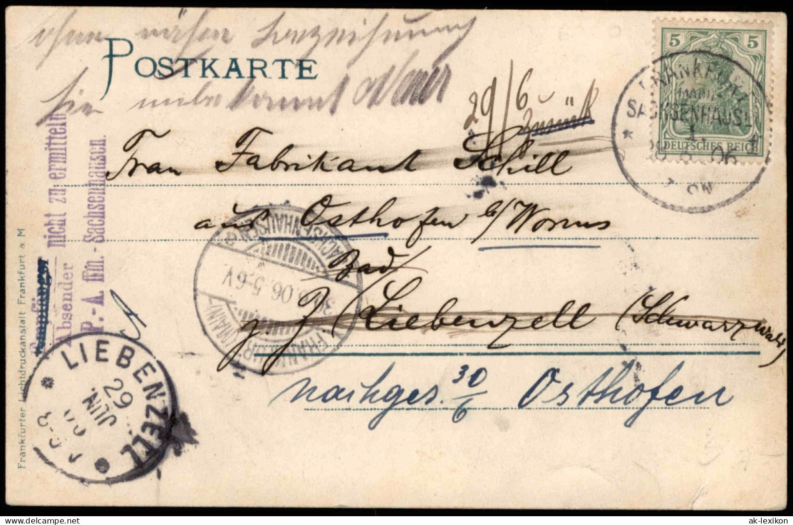 Frankfurt Am Main Totale 1906  Stempel Empf. Nicht Zu Ermitteln Sachsenhausen - Frankfurt A. Main