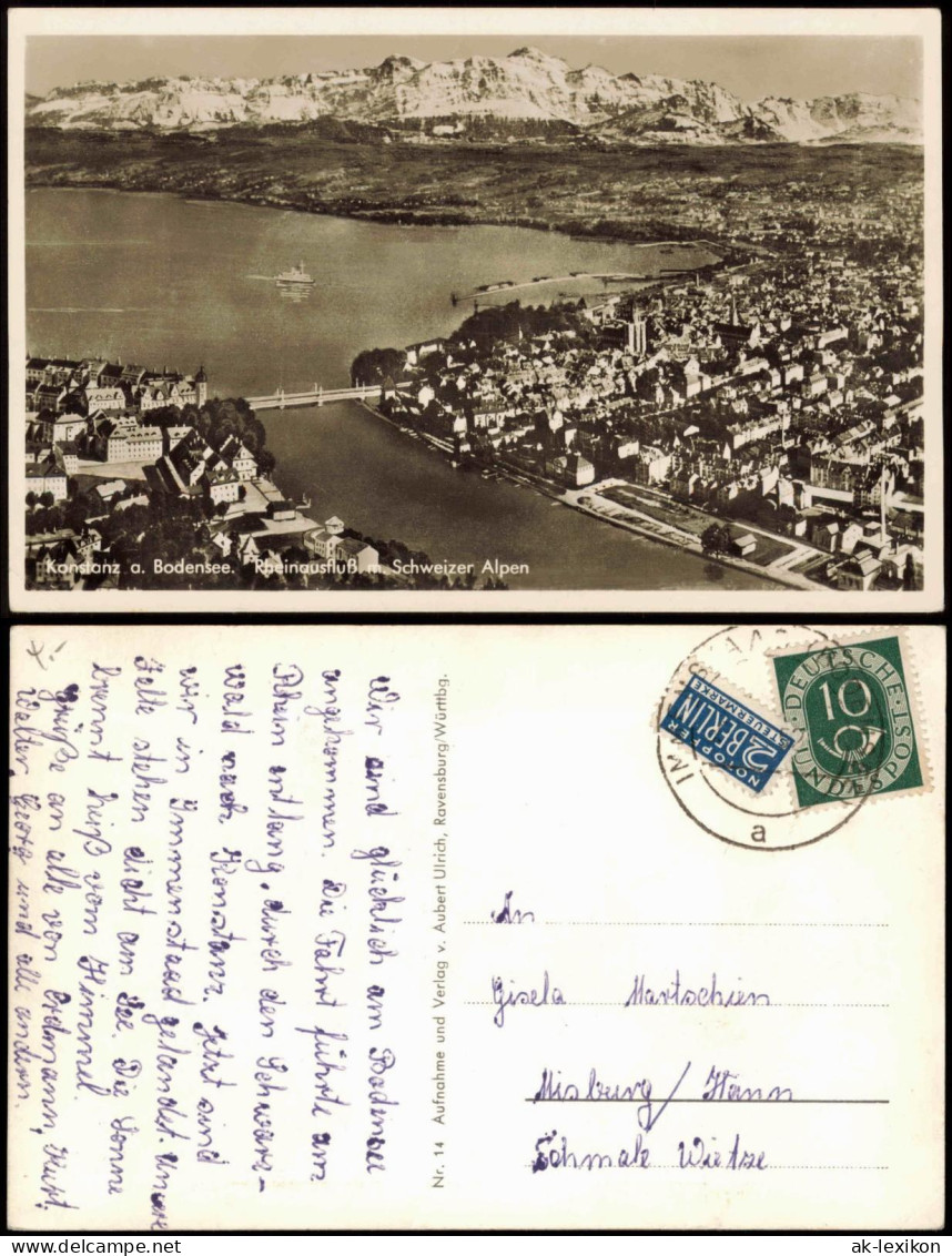 Ansichtskarte Konstanz Luftbild Bodensee Rheinausfluß Schweizer Alpen 1950 - Konstanz