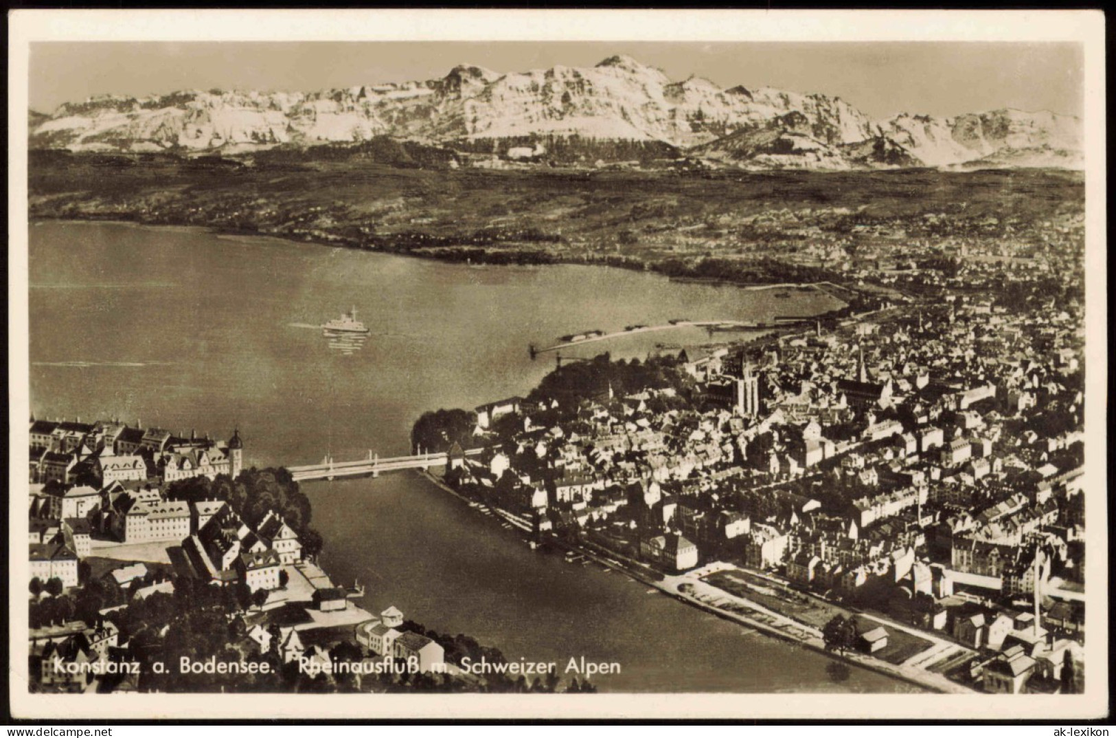 Ansichtskarte Konstanz Luftbild Bodensee Rheinausfluß Schweizer Alpen 1950 - Konstanz