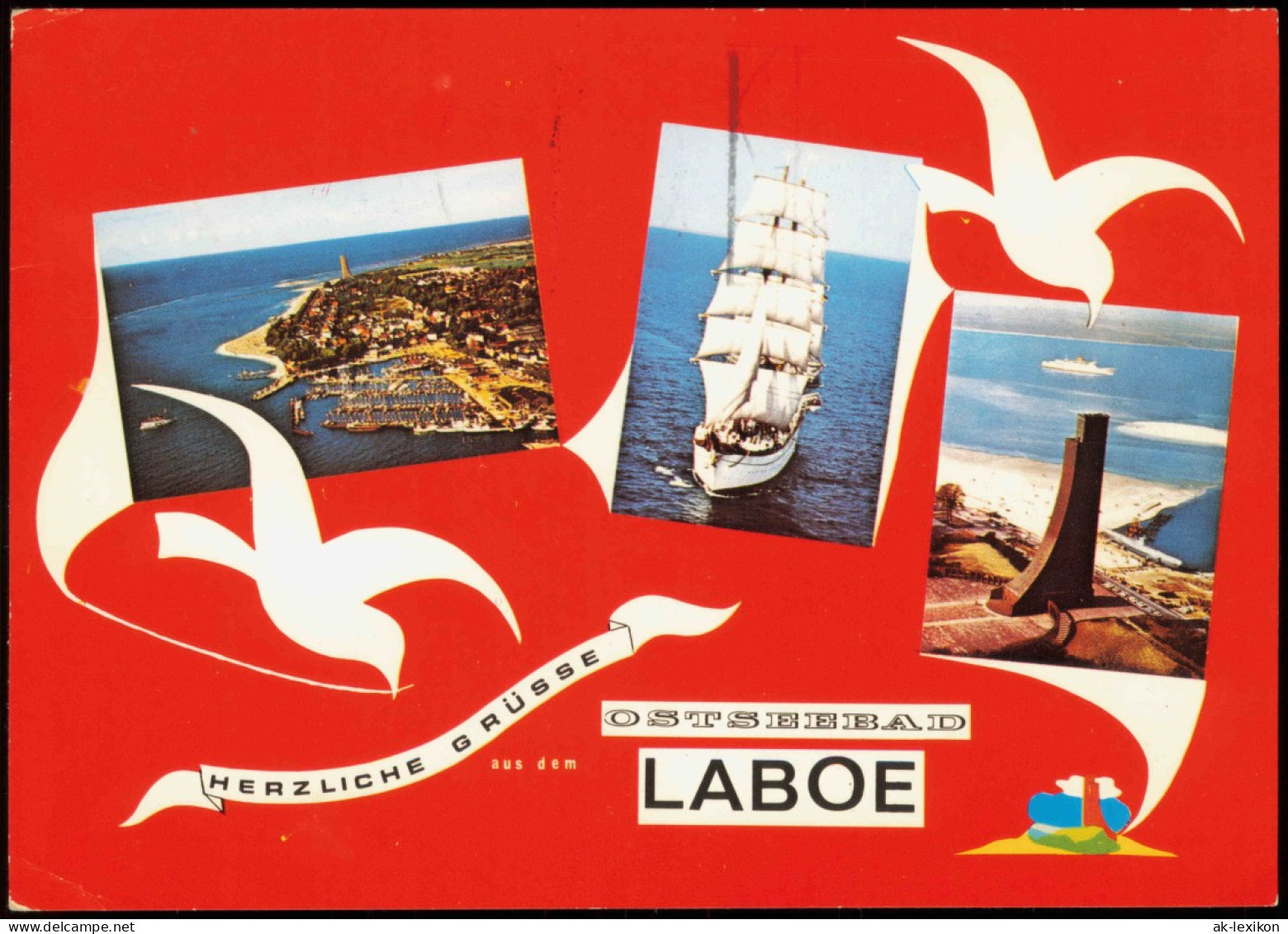 Ansichtskarte Laboe Luftbild Hafen Segelschiff Marinedenkmal 1974 - Other & Unclassified