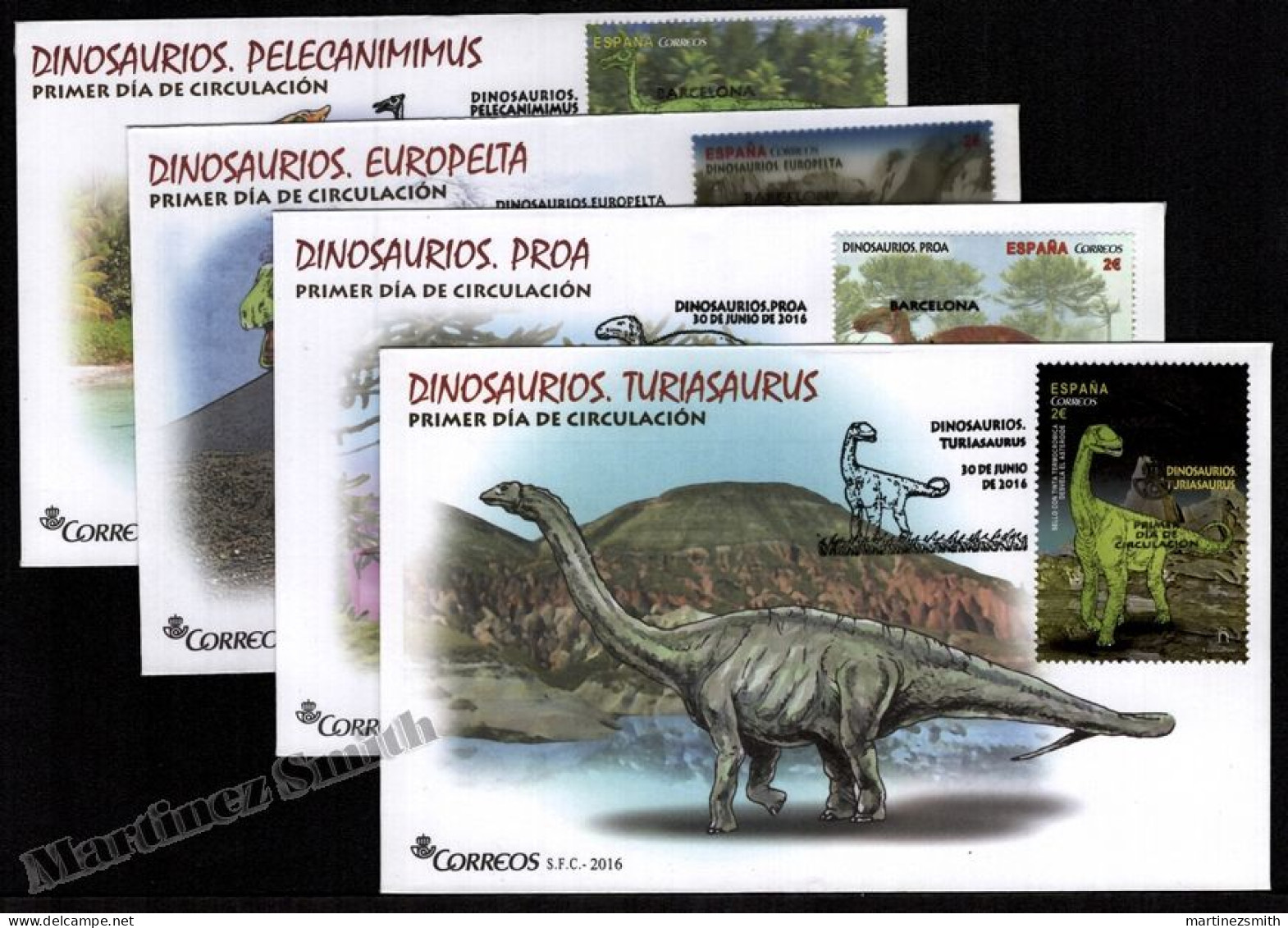 Spain FDC 2016 Yvert 4782-85, Prehistoric Fauna, Dinosaurs Full Set - FDC