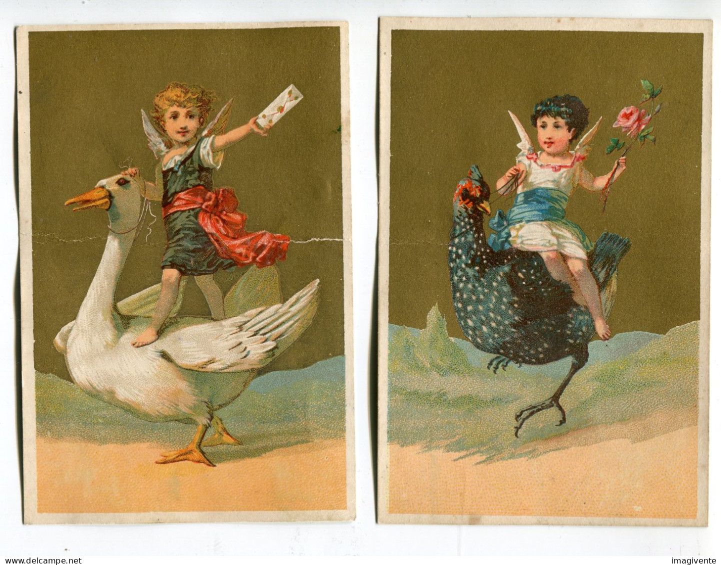 2 Grands Chromos   14,6 X 9,7  Enfant Ailés Chevauchant Une Volaille Poule Oie - Sonstige & Ohne Zuordnung