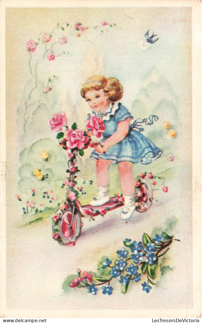 ENFANTS - Dessins D'enfants - Petite Fille à Trottinette - Colorisé - Carte Postale Ancienne - Children's Drawings