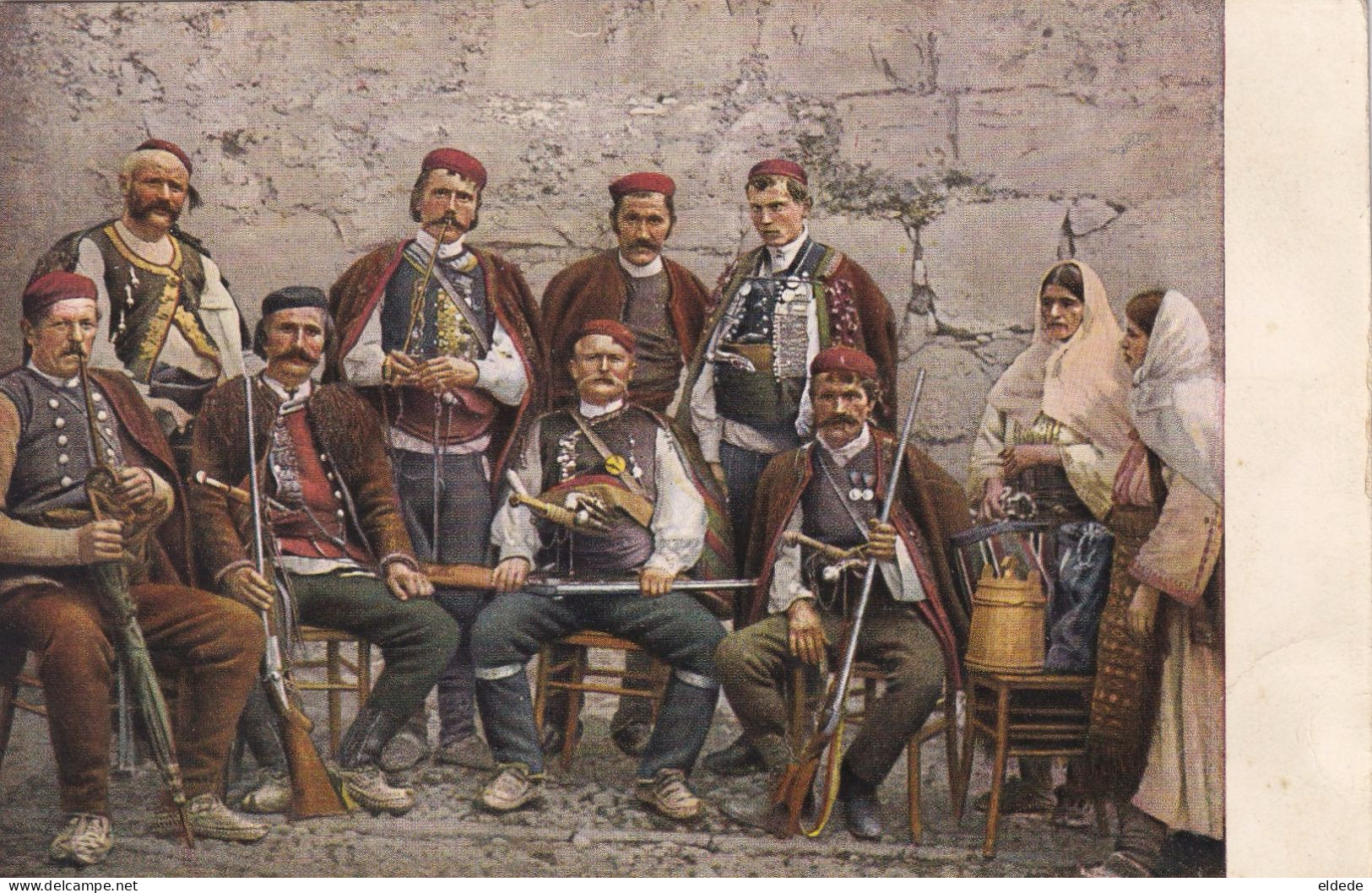 Hand Colored Group Of Local Soldiers With Women In Native Costumes Undivided Back Before 1903 - Eslovenia