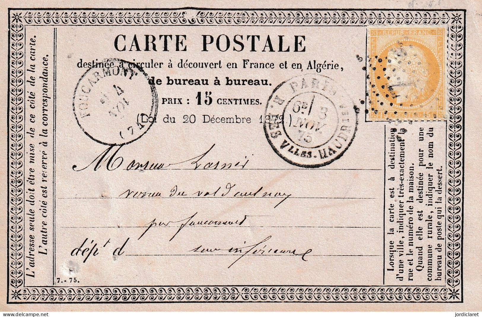 CARTE POSTALE 1841 - 1871-1875 Cérès