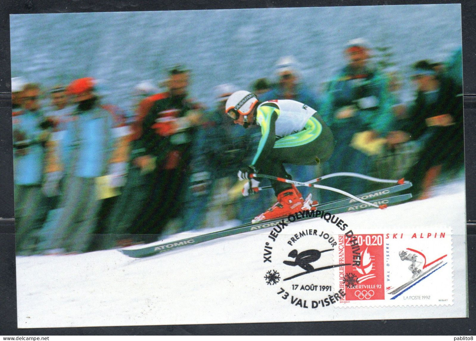 FRANCE FRANCIA 1990 1991 OLYMPIC GAMES JEUX OLYMPIQUES ALBERTVILLE SKI ALPIN 2.50fr+20c MAXI MAXIMUM CARD CARTE - 1990-1999