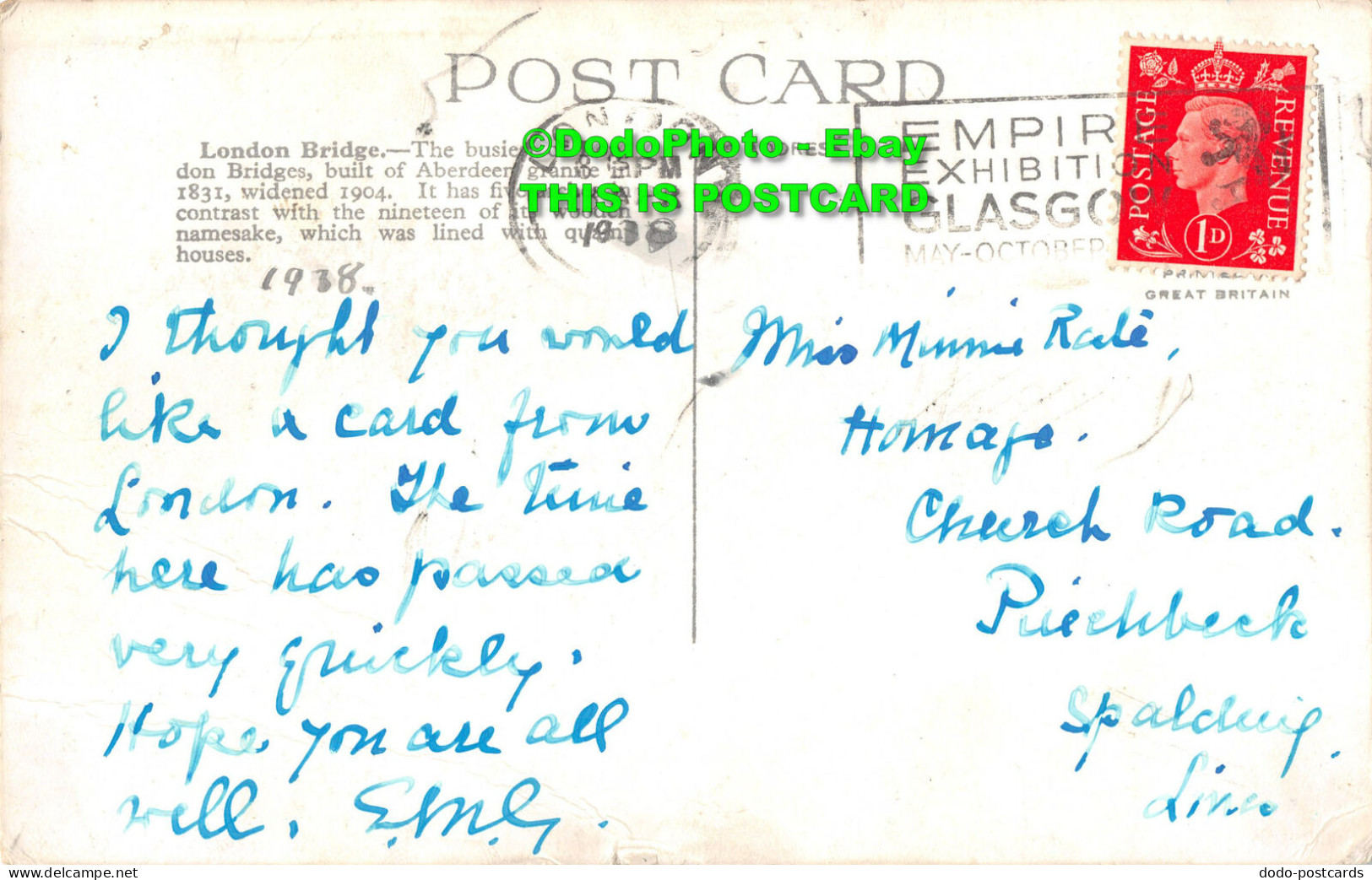 R355069 London Bridge. Postcard. 1938 - Other & Unclassified