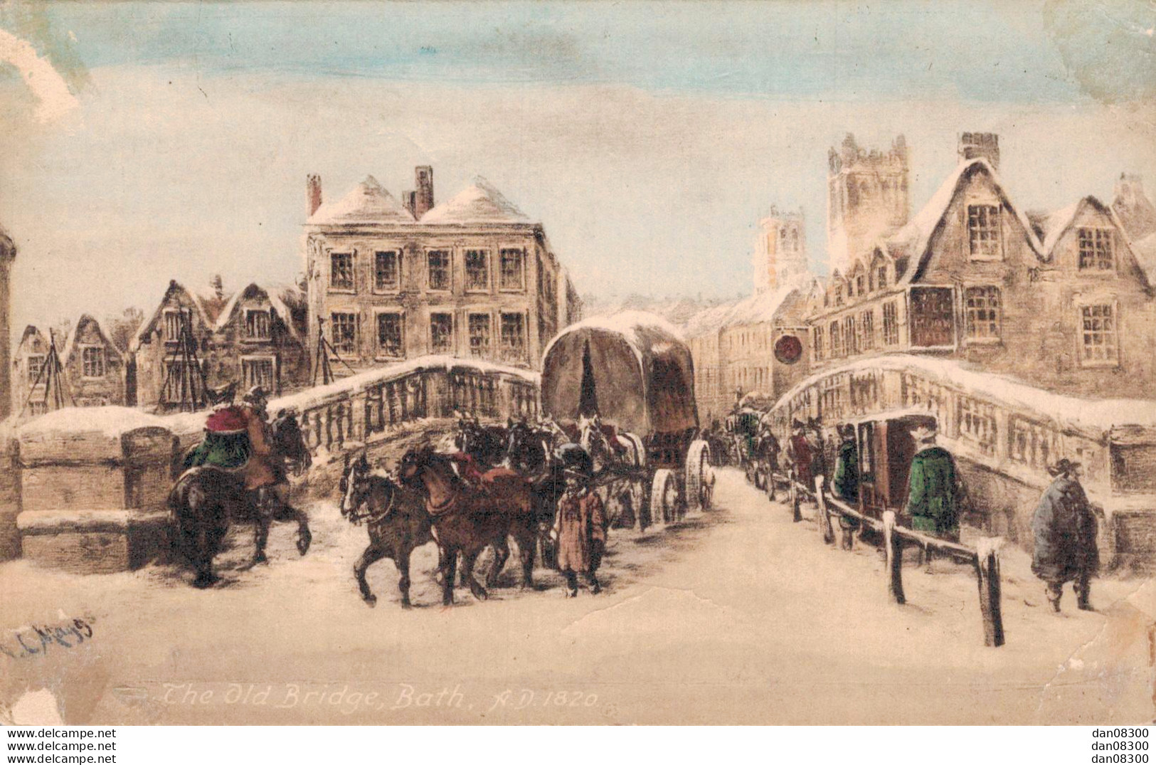 CARTE SANS LEGENDE TABLEAU VILLE ET PONT SOUS LA NEIGE ATTELAGE CHAISE A PORTEURS - Peintures & Tableaux