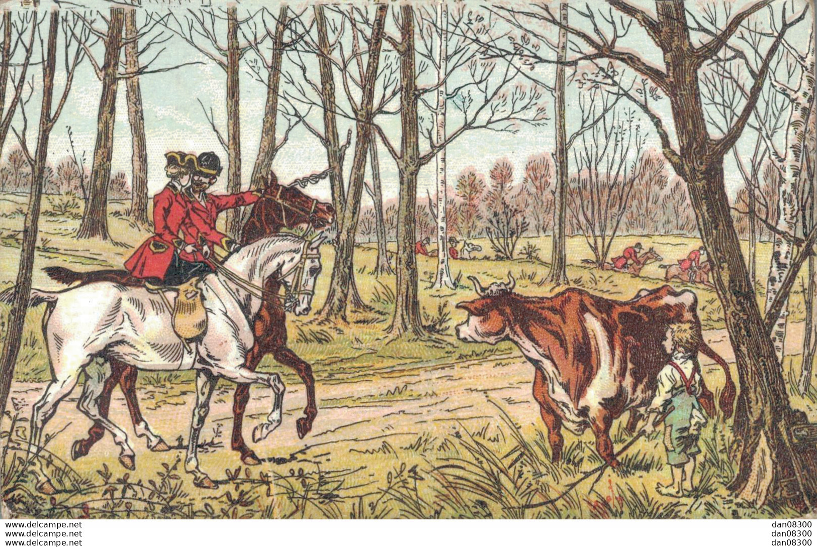 ILLUSTRATION UNE CHASSE A COURRE PASSANT DEVANT UNE VACHE ET UN ENFANT AU PANTALON DECHIRE AUX FESSES - 1900-1949