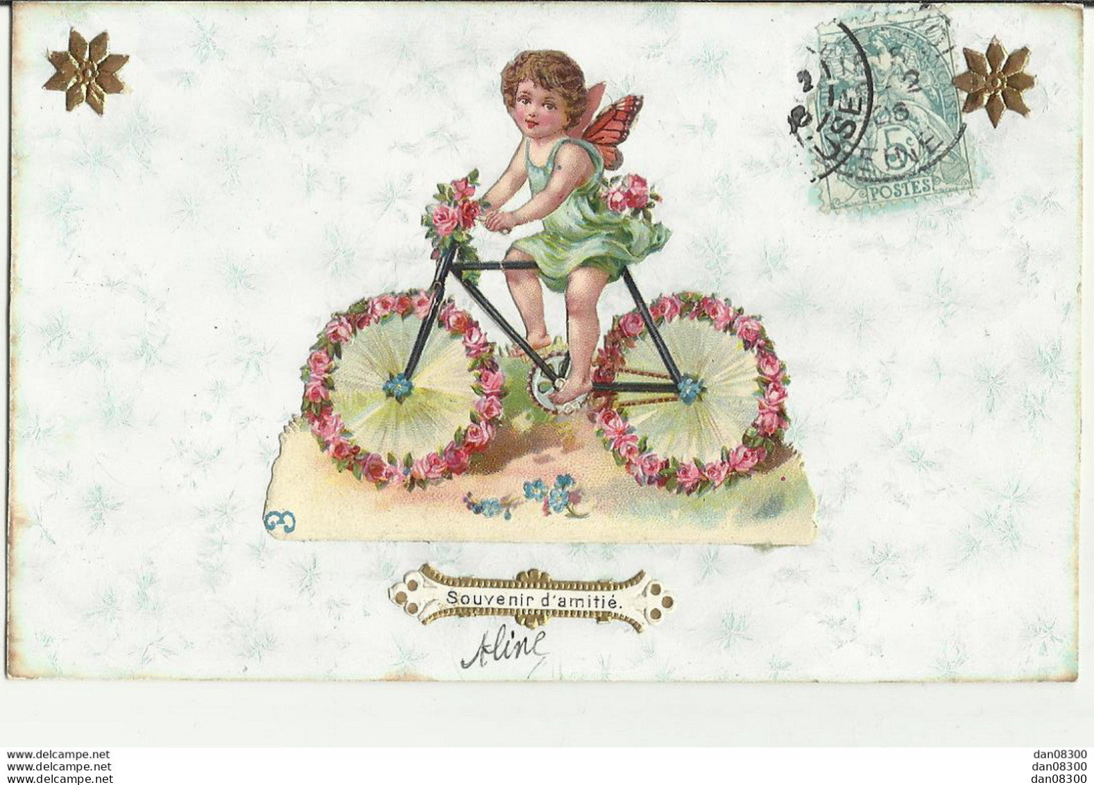 SUPERBE DECOUPIS COLLE SUR UNE CARTE ET REPRESENTANT UN ANGE SUR UN VELO - Anges