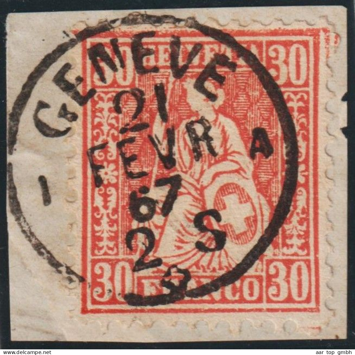 Schweiz Sitzende Helvetia 30 Rp. SBK#33 Genève 1867-02-21auf Briefstück - Gebruikt