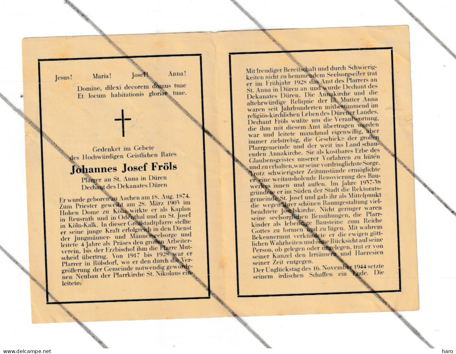 Faire-part De Décès Du Père Johannes Josef FRÖLS - Pfarrer An St Anna In Düren - AACHEN 1874 / 1944 (B374) - Obituary Notices