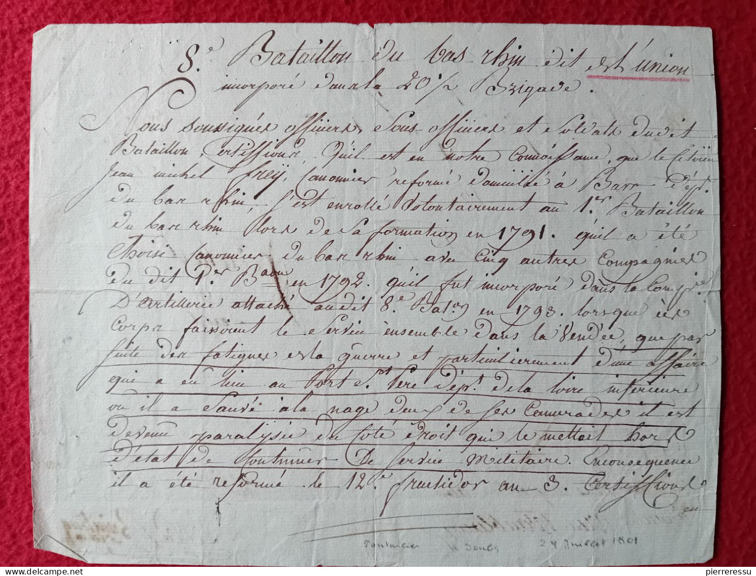 DIPLOME CERTIFICAT A JEAN MICHEL FREY CANONNIER 8è BATAILLON DU BAS RHIN 1801 CACHET AUTOGRAPHES - Historical Documents