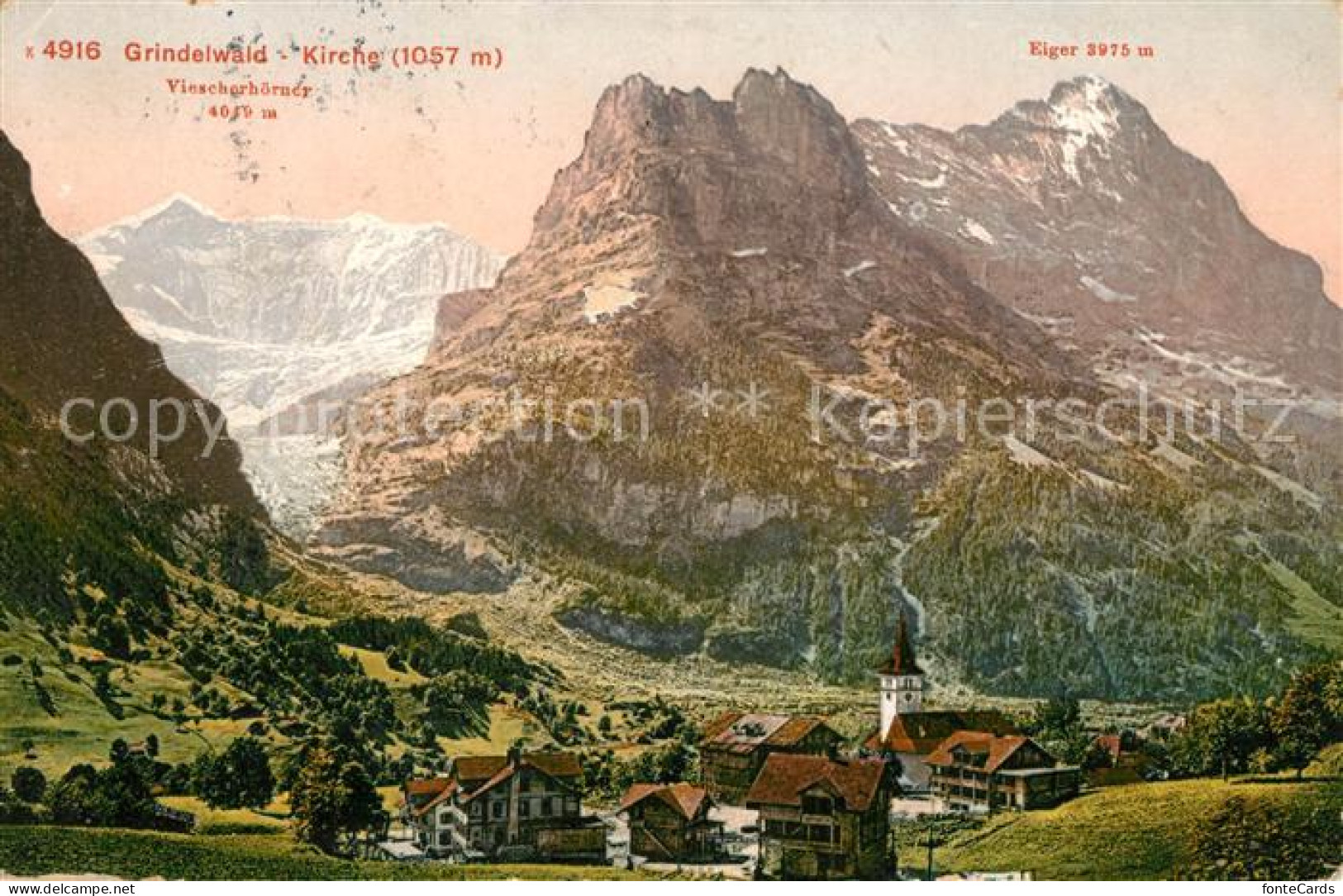 13014109 Grindelwald Ortsansicht Mit Kirche Viescherhoerner Eiger Berner Alpen G - Other & Unclassified