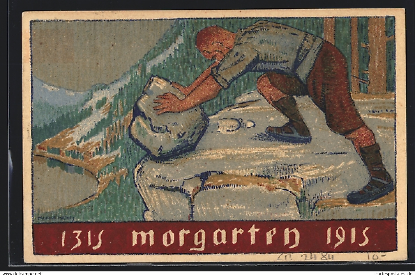 AK Mann Rollt Einen Stein über Die Klippe, Schlacht Von Morgarten 1315-1915, 600jähriges Jubiläum, Ganzsache  - Interi Postali