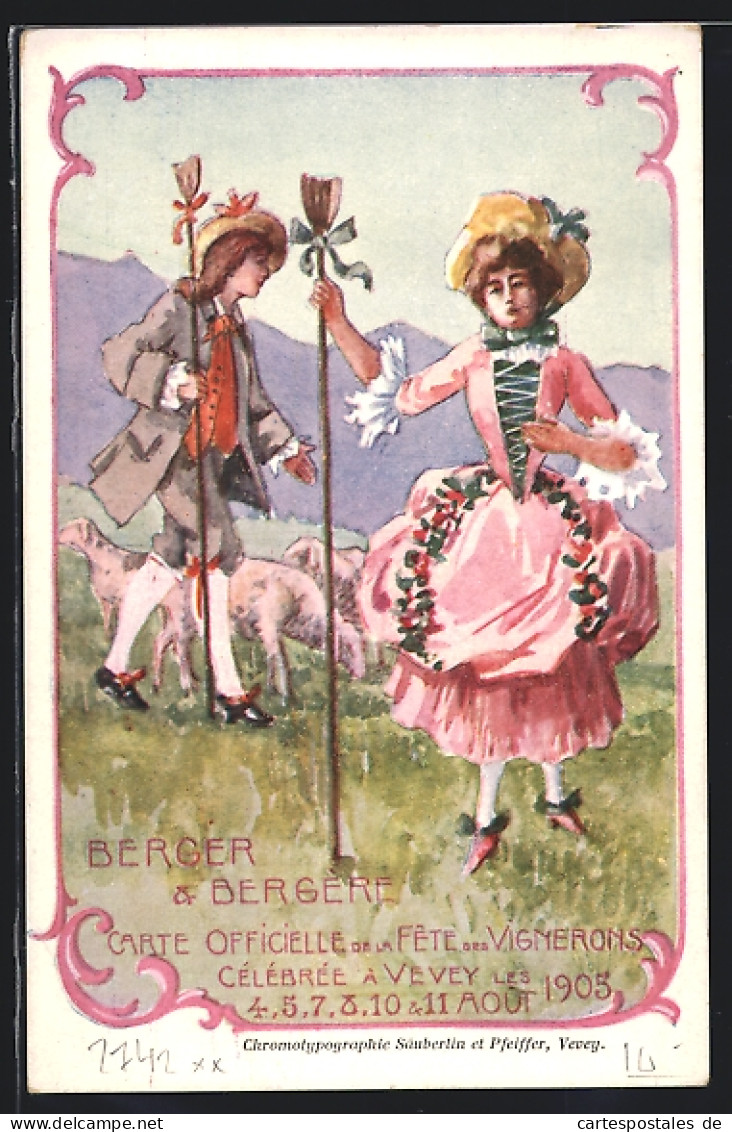 Künstler-AK Vevey, Berger & Bergère, La Fête Des Vignerons 1905, Hirte Und Hirtin Mit Schafen  - Vevey