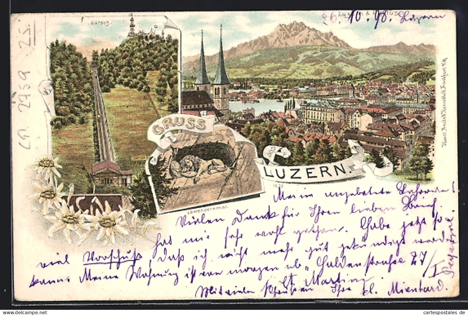 Lithographie Luzern, Gütsch-Bergbahn, Löwendenkmal  - Lucerna