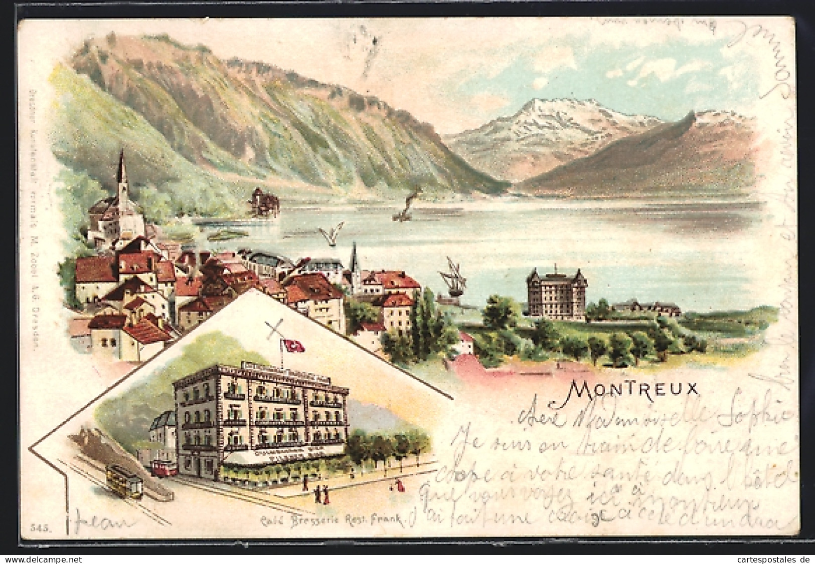 Lithographie Montreux, Gesamtansicht Am Wasser, Café-Restaurant-Brasserie Frank, Strassenbahn  - Montreux