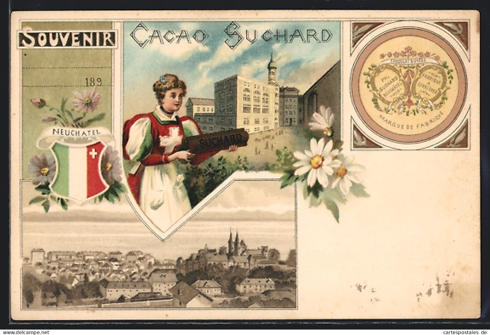 Lithographie Neuchatel, Kakao Suchard, Frau In Tracht, Ortsansicht, Wappen  - Other & Unclassified