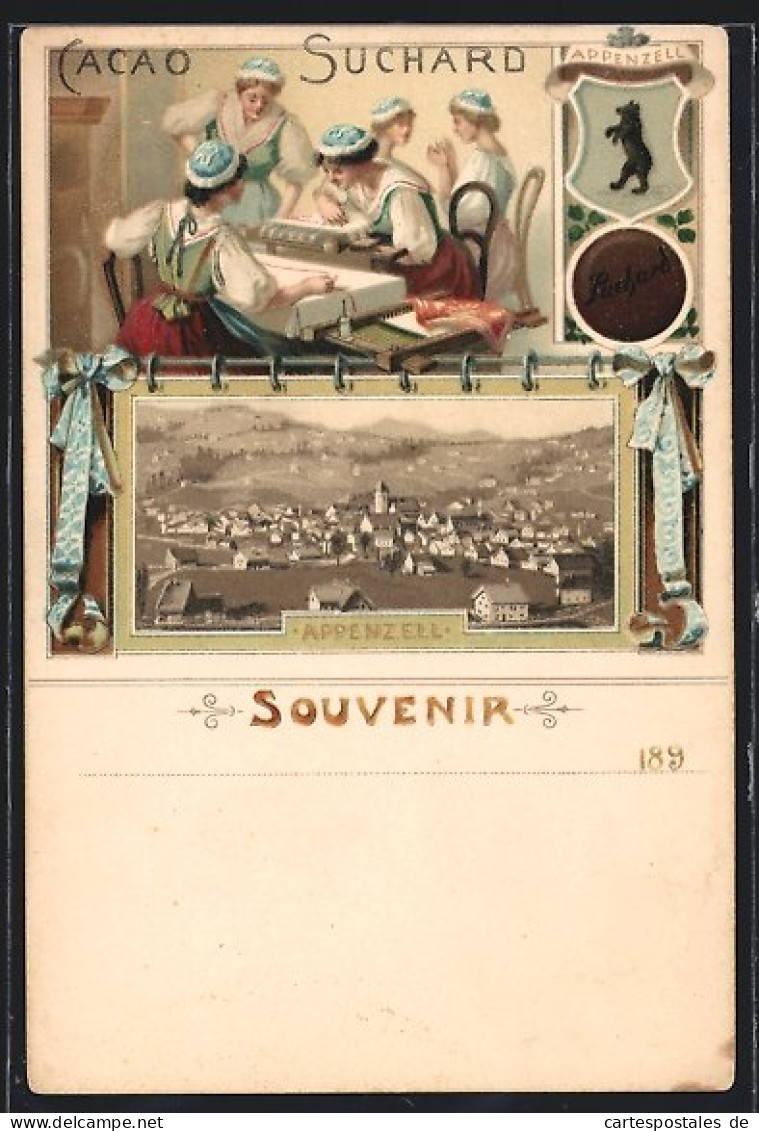 Lithographie Appenzell, Teilansicht, Reklame Für Cacao Suchard, Wappen  - Appenzell