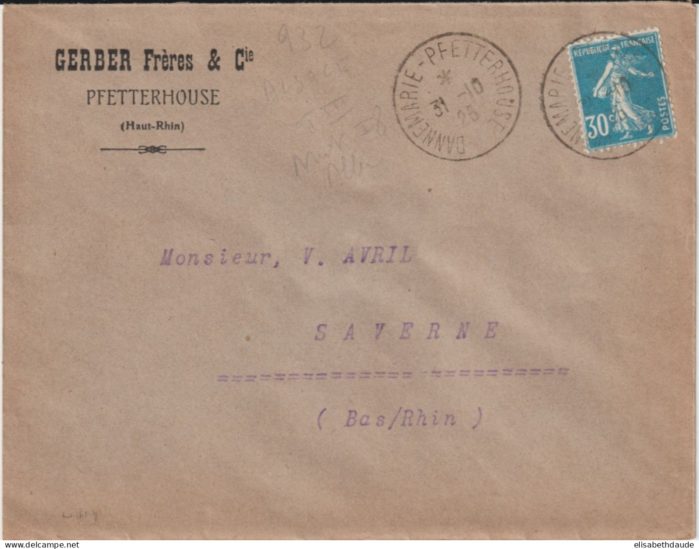 1925 - ALSACE - CACHET AMBULANT DANNEMARIE - PFETTERHOUSE (IND 8 ! ) SUP ! ENVELOPPE => SAVERNE - Bahnpost