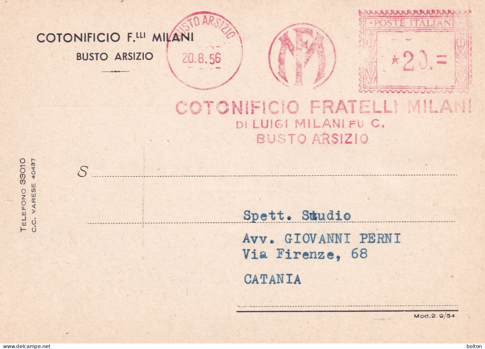 1956   Cartolina Con Affrancatura Meccanica Rossa EMA COTONIFICIO FRATELLI MILANI - Poststempel