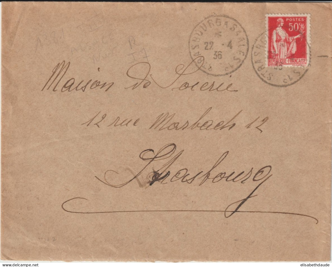 1936 - ALSACE - CACHET AMBULANT STRASBOURG à SAALES (IND 7) ENVELOPPE => STRASBOURG - Poste Ferroviaire