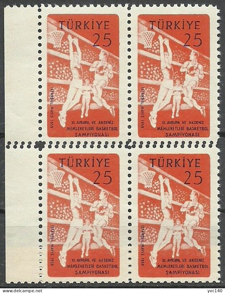Turkey; 1959 11th European And Mediterranean Basketball Championship ERROR "Double Perf." (Block Of 4) - Unused Stamps