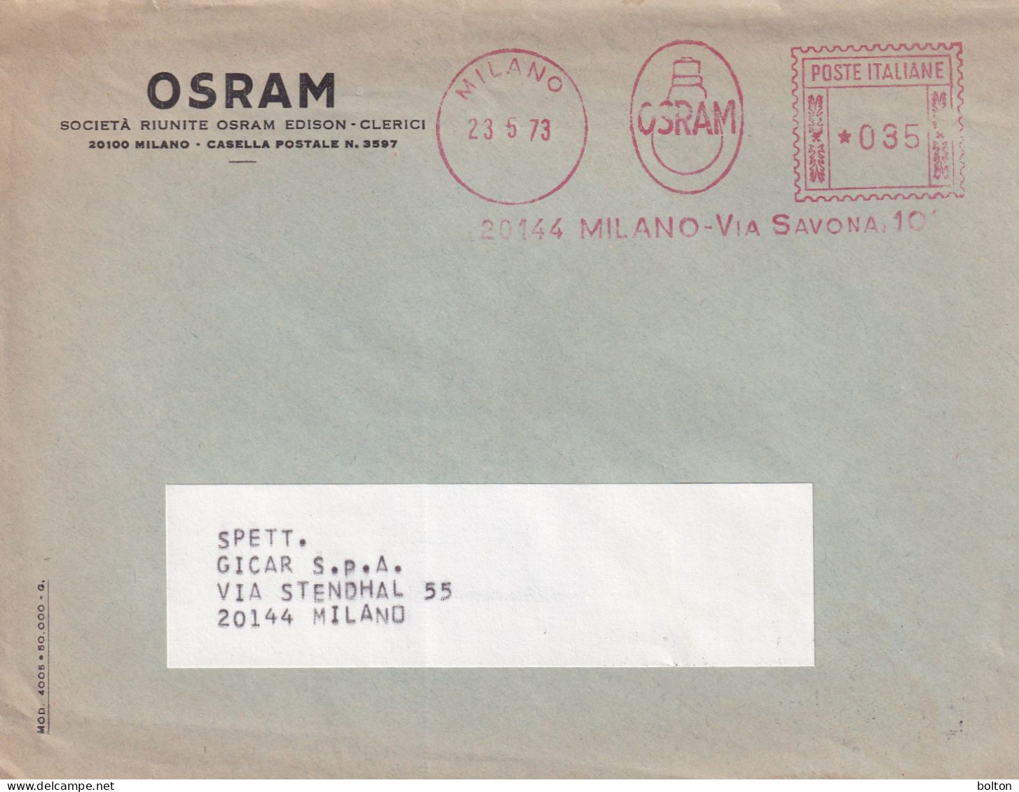 1973 BUSTA Con Affrancatura Meccanica Rossa EMA  OSRAM Milano - Poststempel