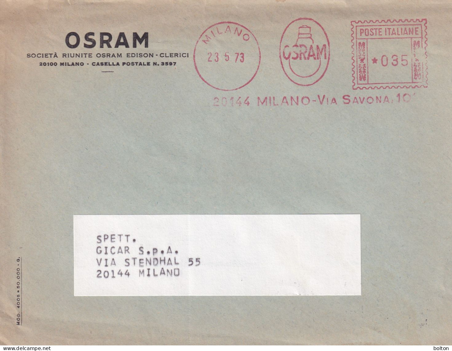 1973 BUSTA Con Affrancatura Meccanica Rossa EMA  OSRAM Milano - Storia Postale