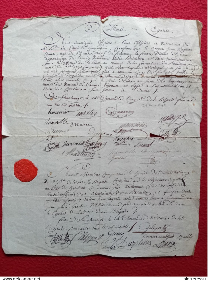 DIPLOME CERTIFICAT A JEAN BAPTISTE CLOUET Blessé DU 4è BATAILLON DES VOLONTAIRES DE L EURE 1801 CACHET AUTOGRAPHES - Documentos Históricos